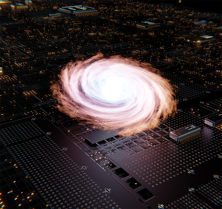 Galaxy against a motherboard backdrop. Made in Blender.
