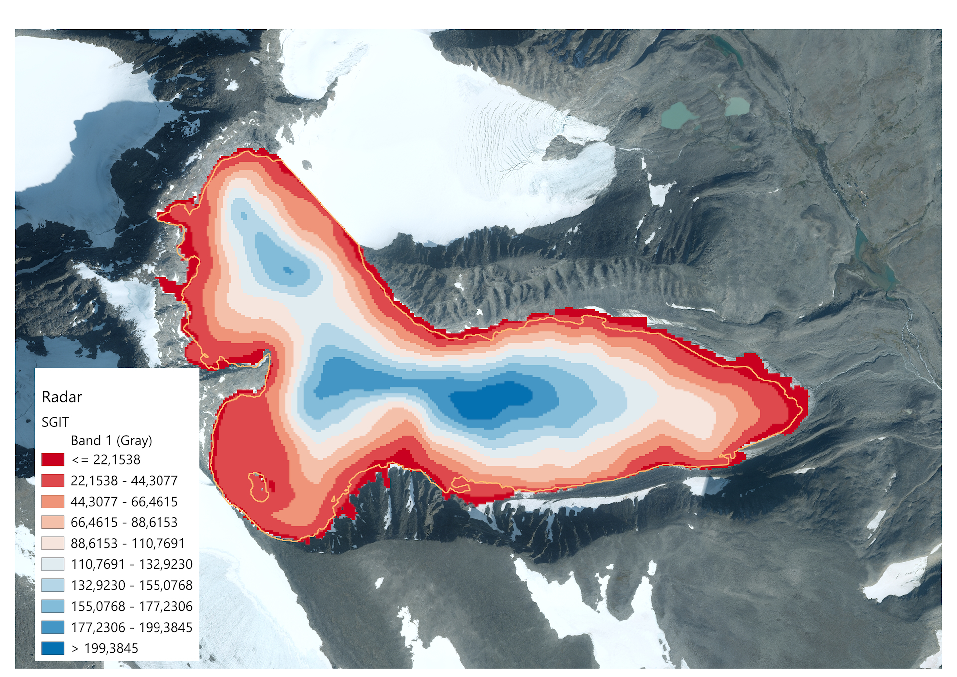 Karta över Storglaciärens istjocklek, baserat på isradarmätningar utförd av forskare vid Tarfala forskningsstation och Newcastle University. Bilden visar att isens tjocklek ökar mot mitten av glaciären.