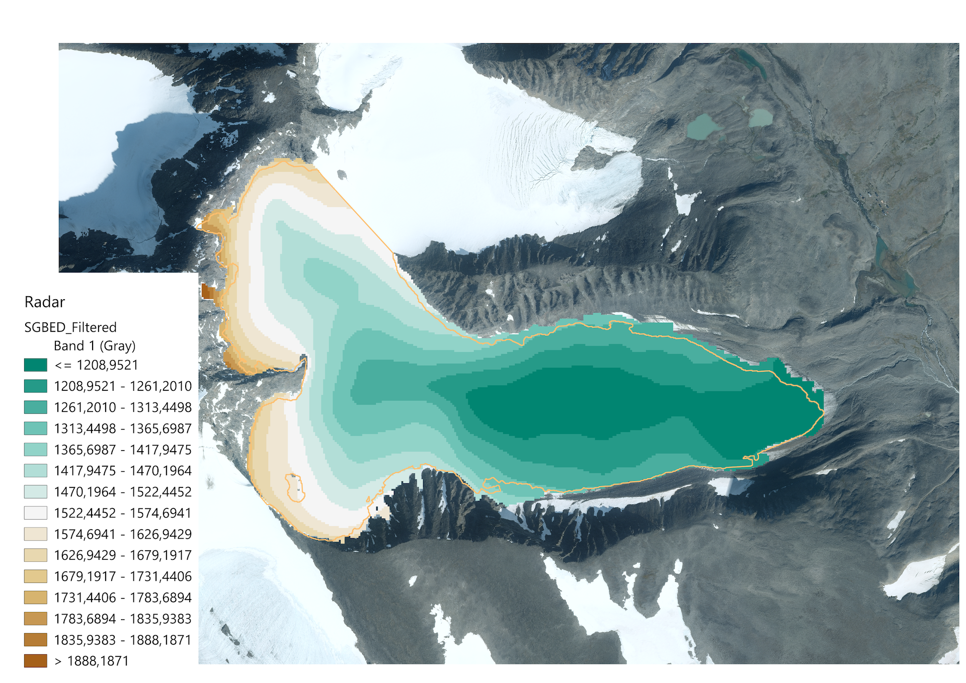 Karta över landskapet under Storglaciären. Databearbetning: Zhuo Wang/Neil Ross/Nina Kirchner.