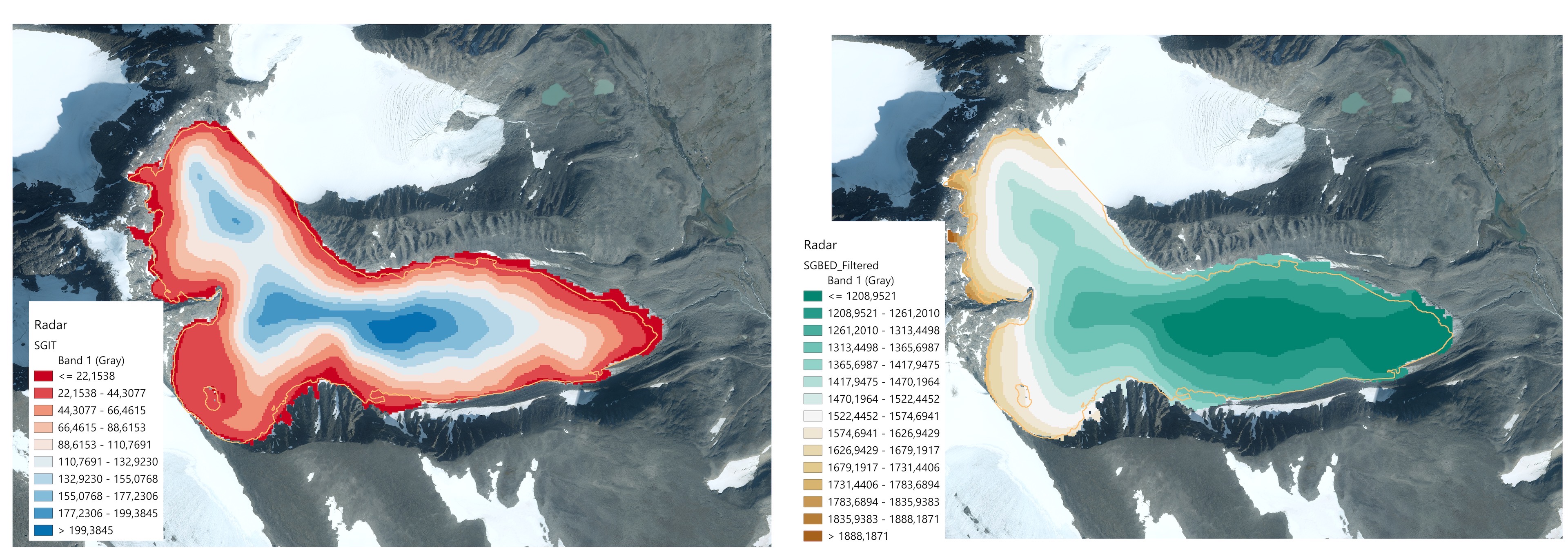 Karta över Storglaciärens istjocklek, baserat på isradarmätningar. Bilden visar att isens tjocklek ökar mot mitten av glaciären. Höger: Karta över landskapet under Storglaciären.