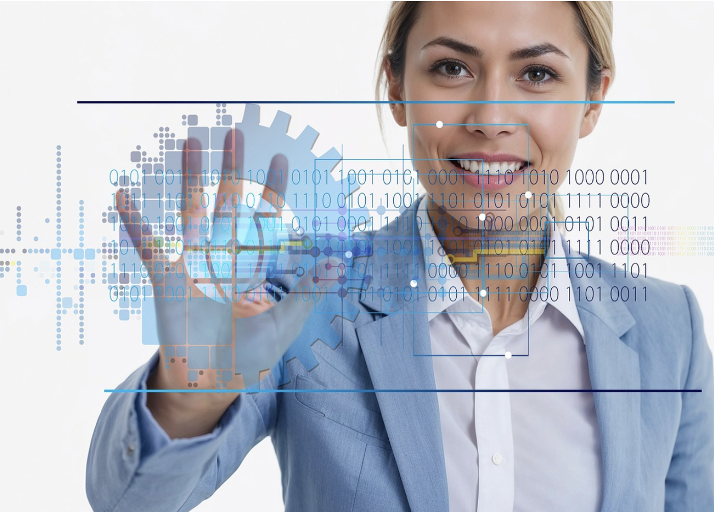Woman touching an interactive see-through screen with some graphics on it.