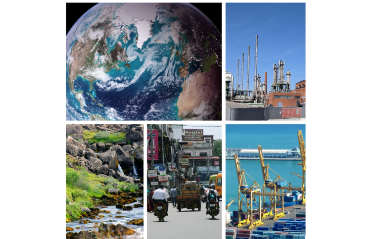 A collage image featuring Earth, industry, nature, city traffic, a port with containers and cranes