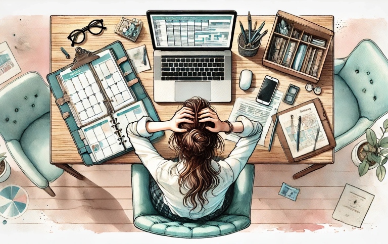 AI-genererad illustration av stressad kvinna vid arbetsbord ur fågelperspektiv.