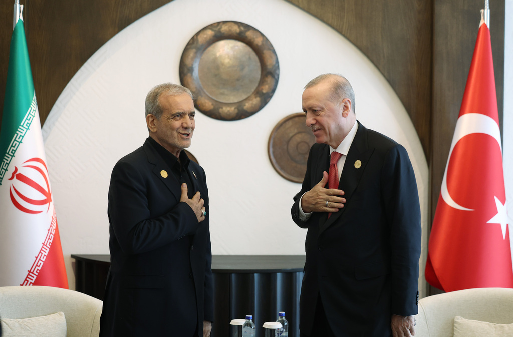Turkish President Recep Tayyip Erdogan (R) and Iranian President Masoud Pezeshkian (L)