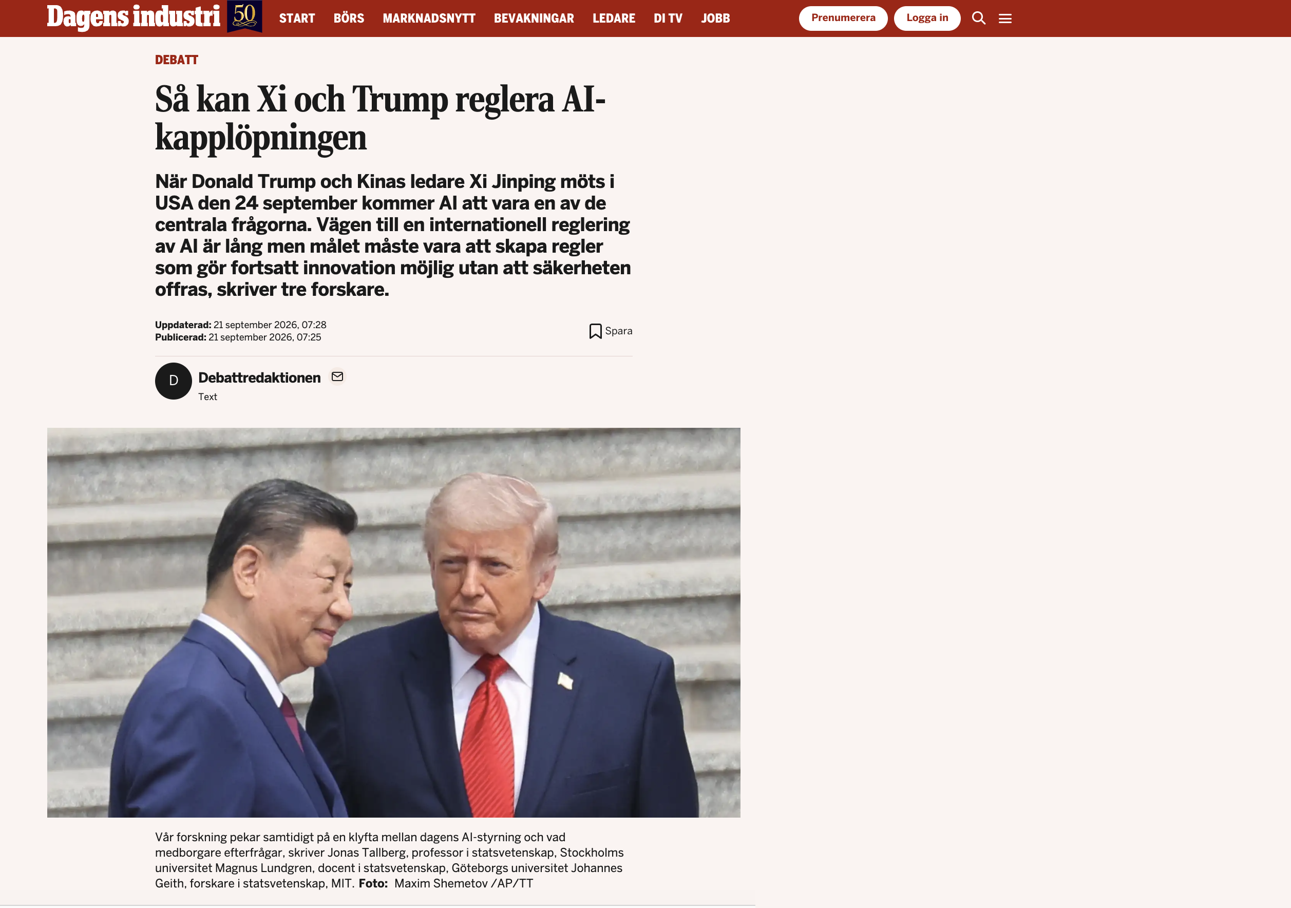 Screenshot from di.se © Dagens Industri 2026. Advertisements removed