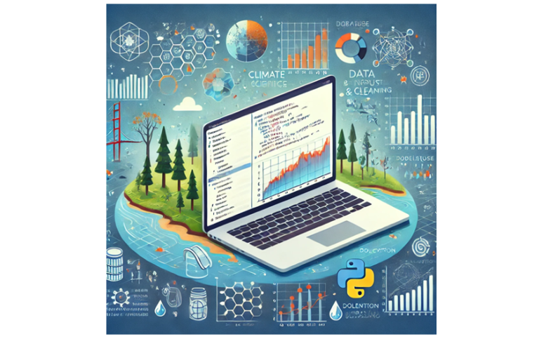 A laptop with climate data and Python code, surrounded by charts and environmental symbols in nature