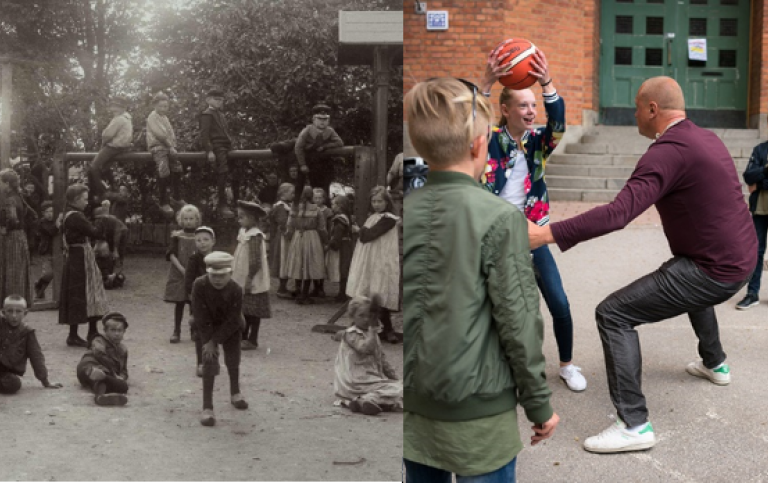 Barn på skolgård i Skåne 1906 och bild av elever och lärare som spelar basket på skolgår idag.