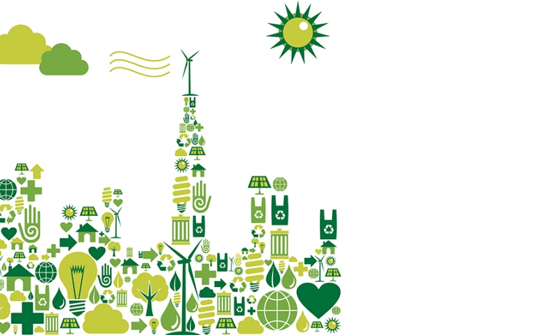Illustration sity skyline in various green colours. Buildnings are made of different icons.