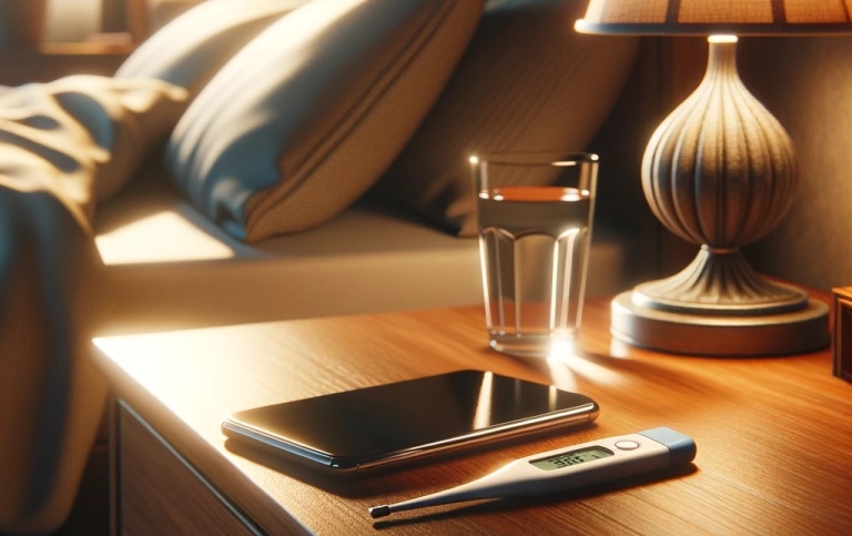 Thermometer, smart phone, glass of water and lamp on a bedside table.