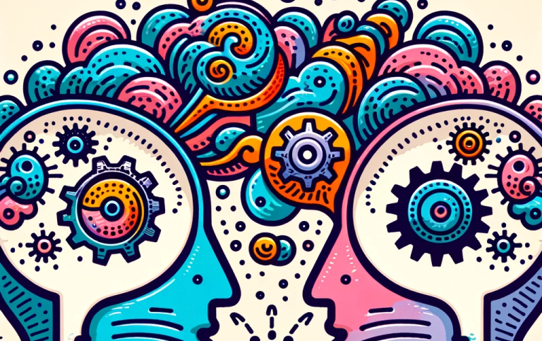 hand-drawn style that depicts a minimal cognitive architecture for language learning with two speake