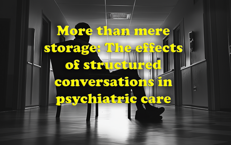 Person in a chair in a corridor with the project title in text.