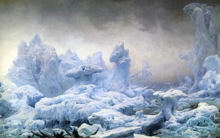 Painting from 1841 of Walrus fishing by the Greenlanders, view from the icy ocean