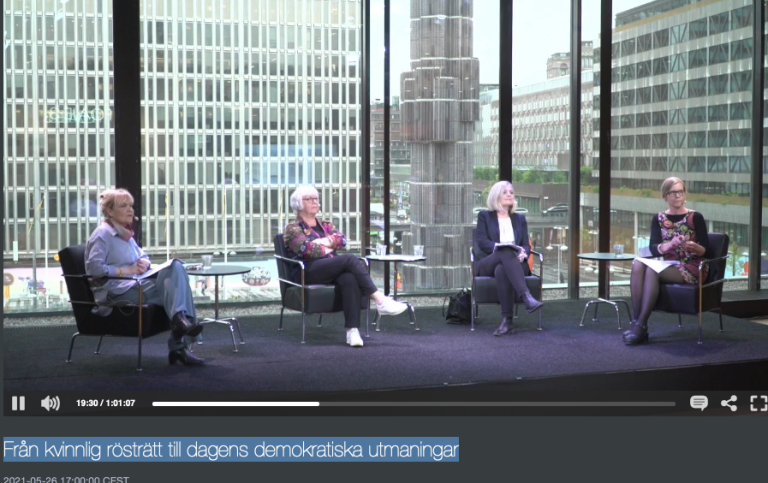 Stillbild från seminariet Från kvinnlig rösträtt till dagens demokratiska utmaningar.
