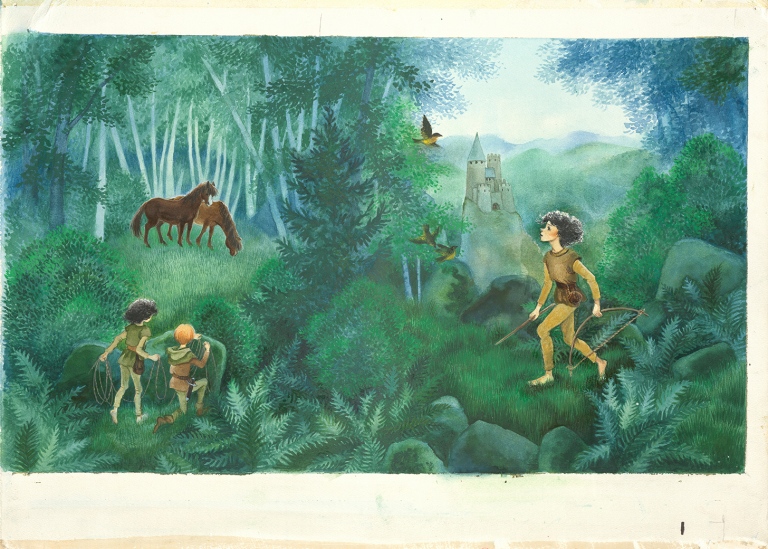 Illustration av barn och hästar i sagoskog.