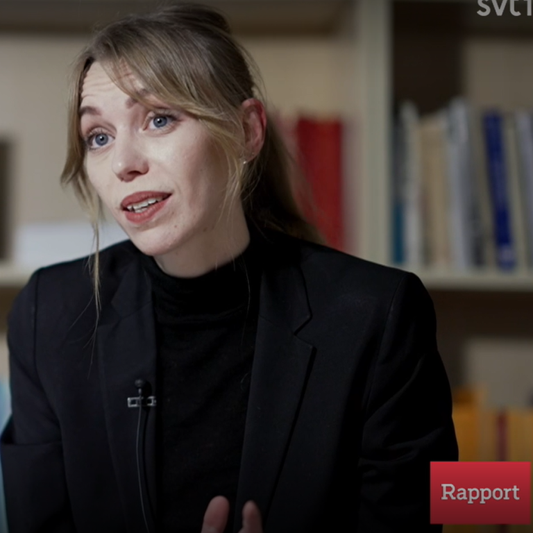 Skärmdump från SVTs Rapport. Emelí Lönnqvist pratar in i kameran.