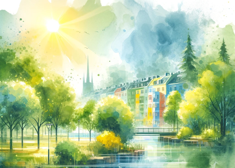 The cover of Yannick Klein's dissertation. A painted city view surrounded by water and trees.