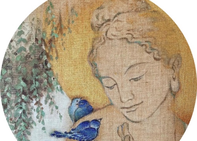 An illustration of a woman with closed eyes and slight smile, three blue birds on her sholders.