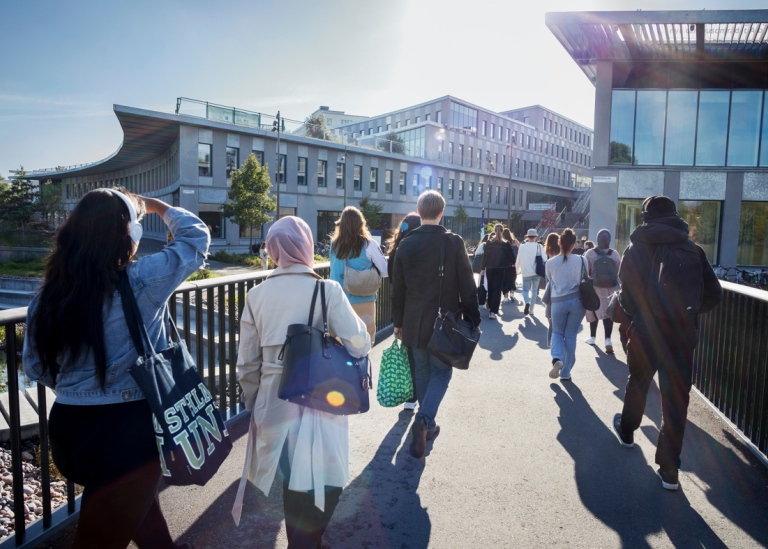 Studenter och lärare på väg mot Campus Albano
