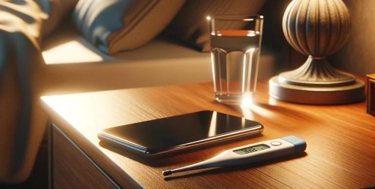 Febertermometer, smart telefon, vattenglas och lampa på ett nattduksbord.