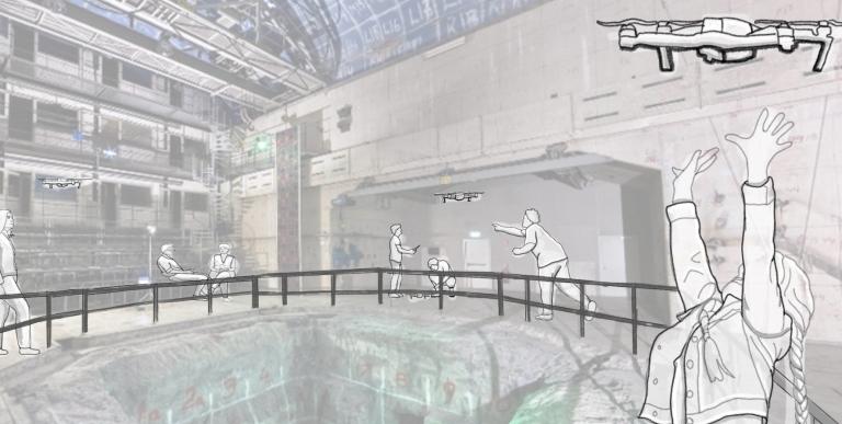 A sketch of multiple people interacting with drones.