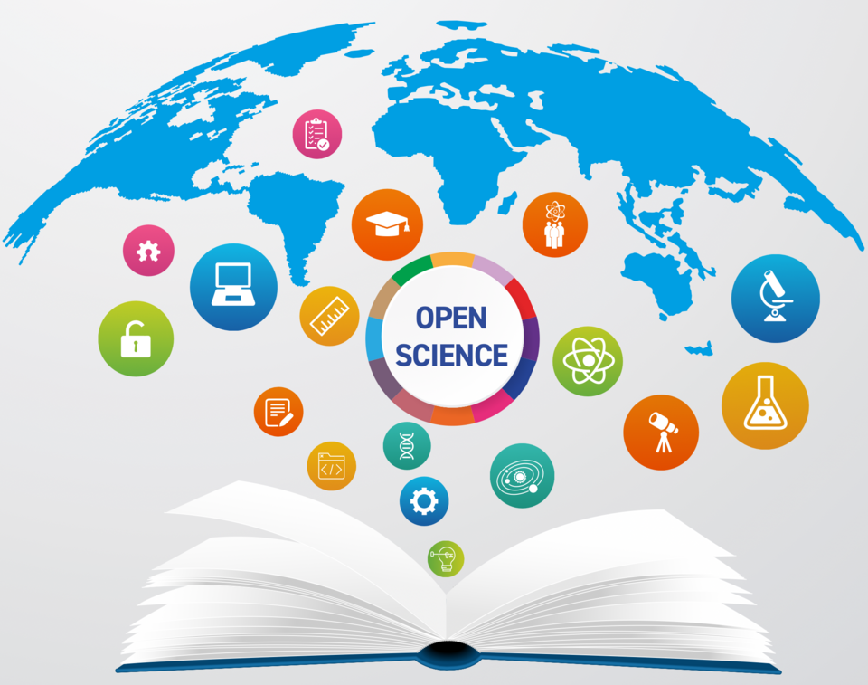 Stylized image world map above open book, and in between circular symbols for various scientific fields