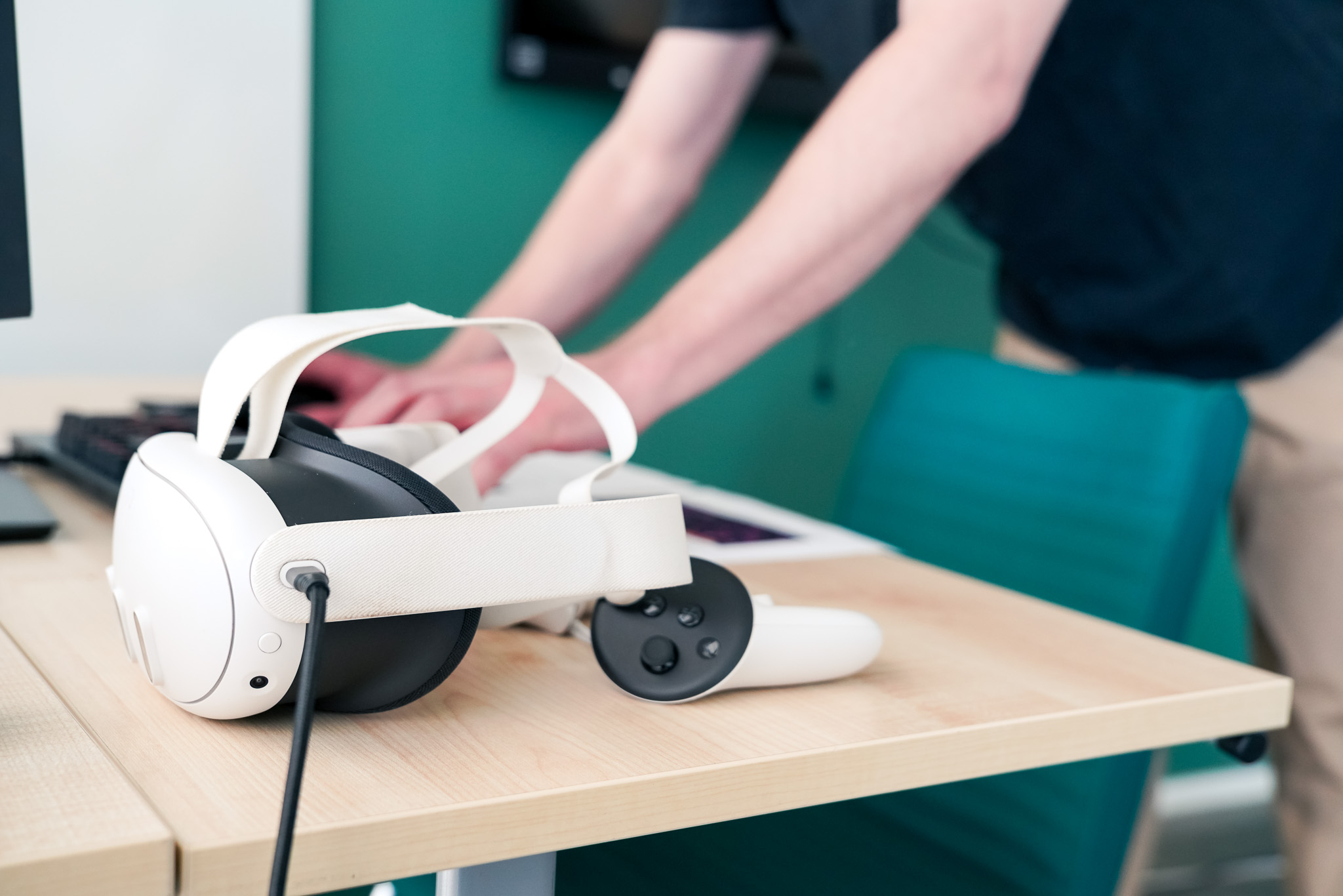 The VR headset resting on a table.