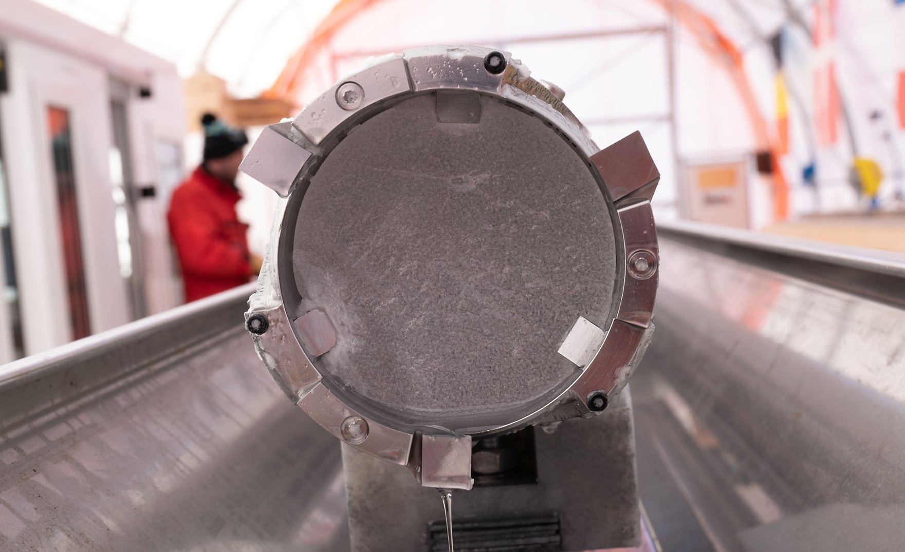 Close-up of the circular front of an ice core sample.