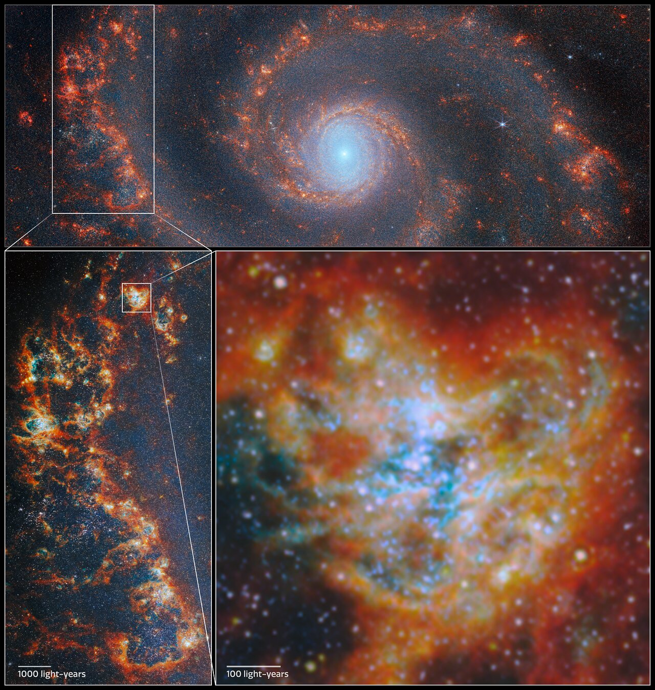 Tre bilder från JWST av galaxen M51.
