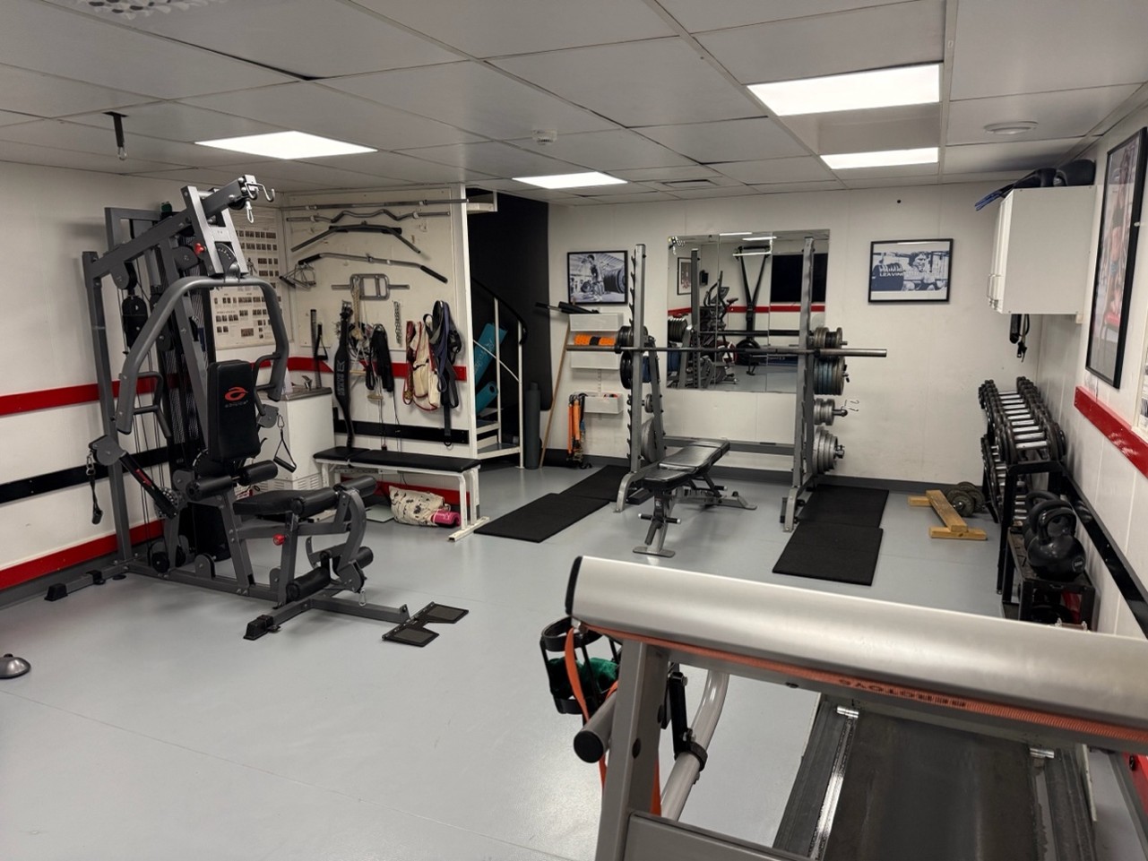Caption: The gym has equipment for strength and endurance training.