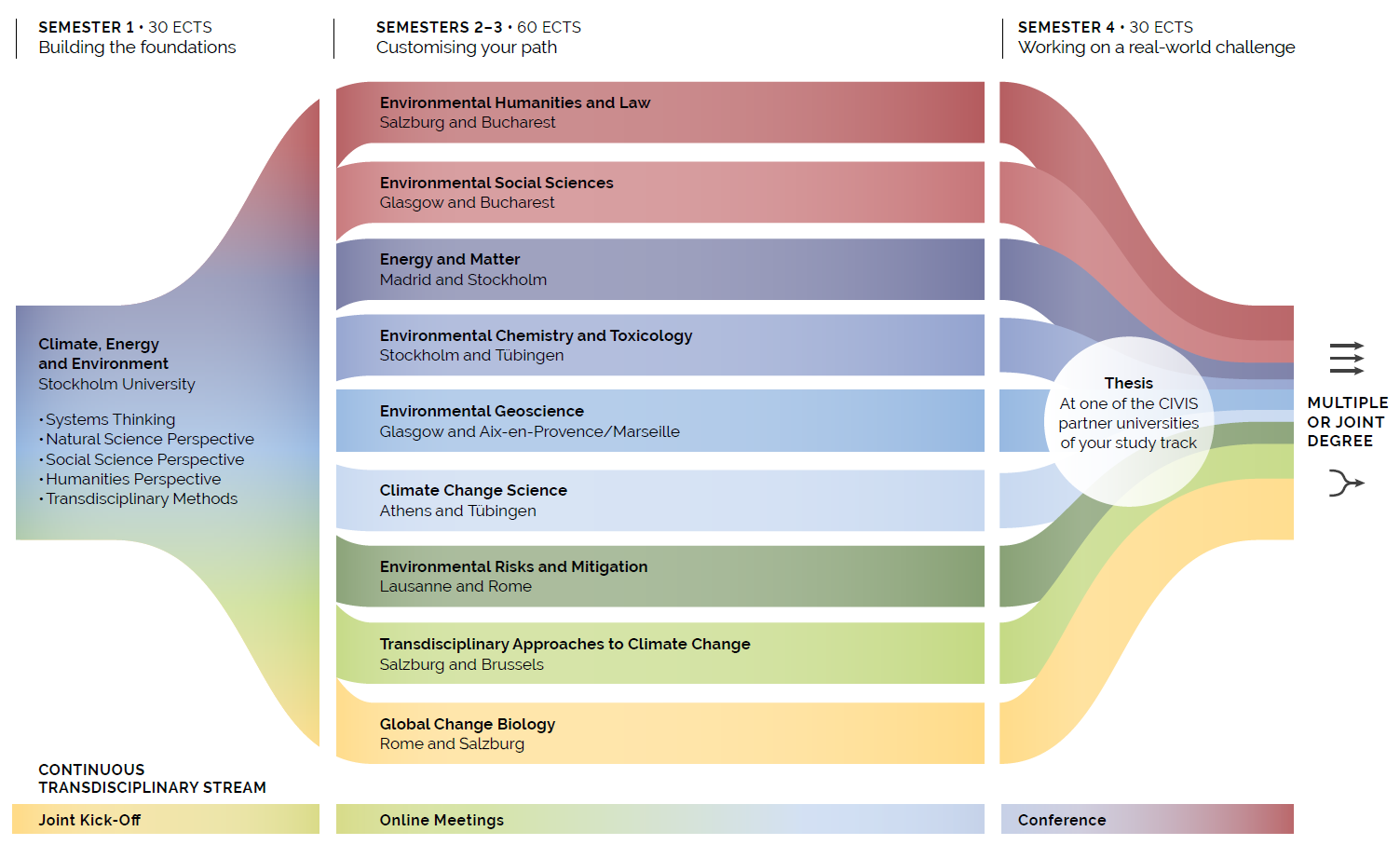Infographic of the TRACEE Master’s programme with study tracks, courses, and partner universities.