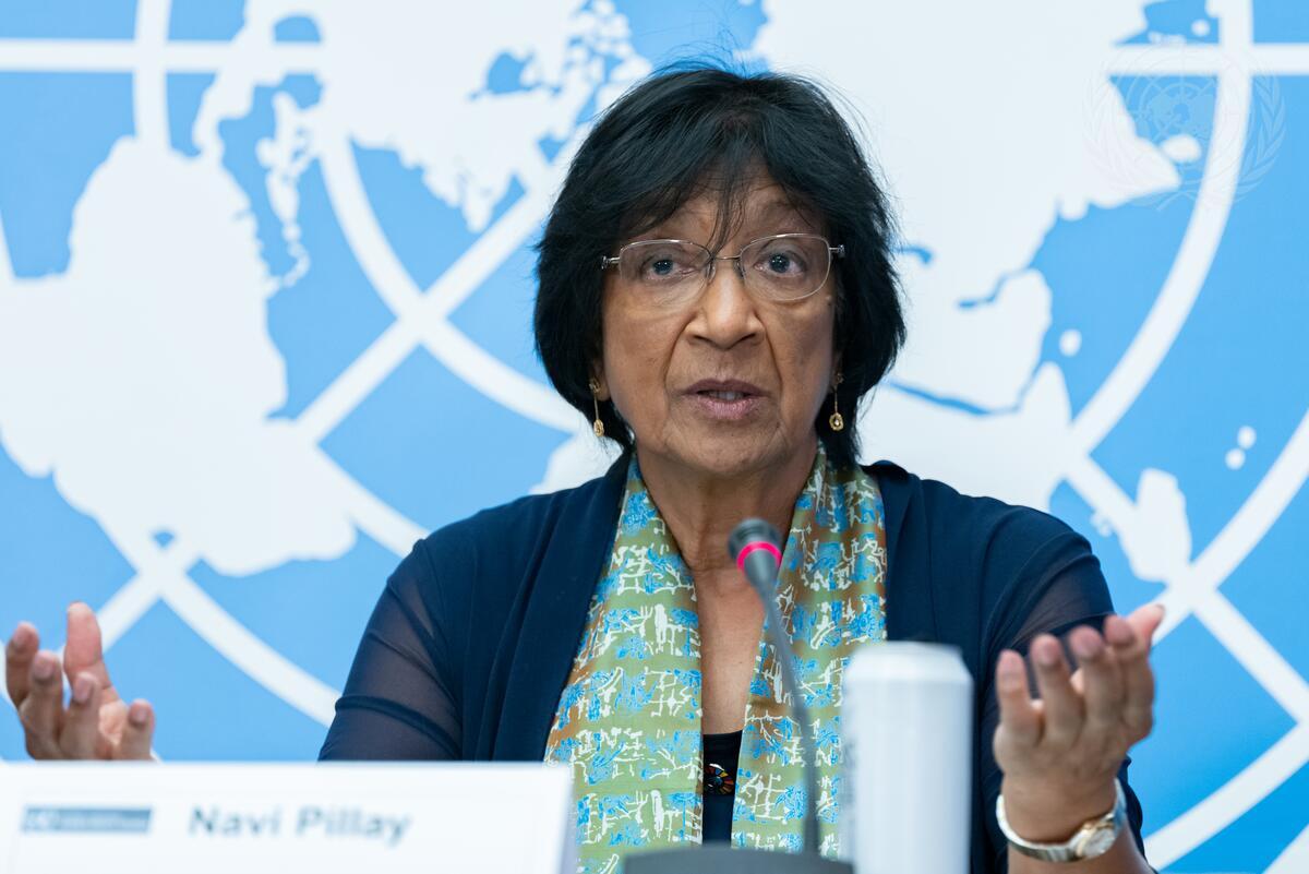 GENEVA, SWITZERLAND. JUNE 14, 2022. Navanethem Pillay, then chair of the United Nations Independent International Commission of Inquiry on the Occupied Palestinian Territory, including East Jerusalem, and Israel, briefs reporters on the Commission's first report. UN Photo: Jean Marc Ferré