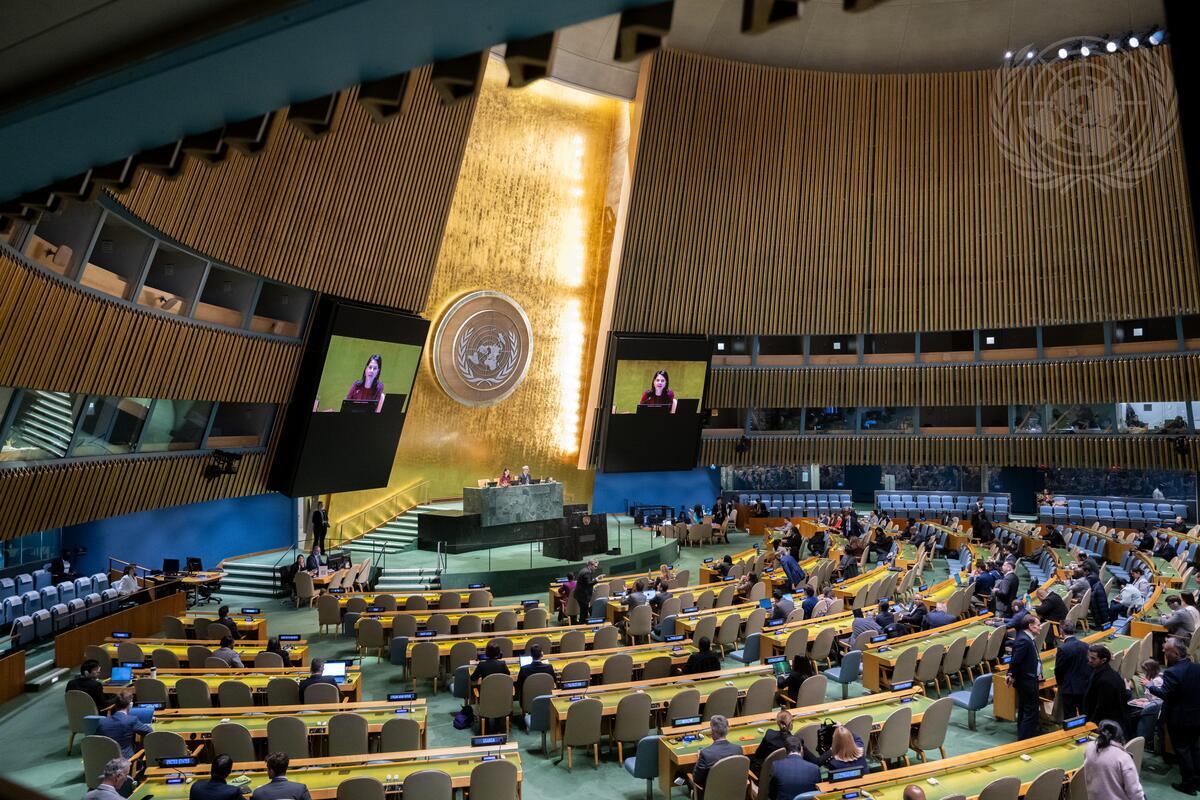 Representatives from different nations sit around a table.