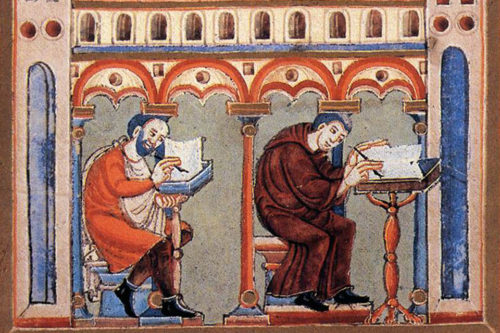 Scriptorium at Echternach. From: Book of Pericopes of Henry II, c. 1002–1012 AD. Gospel Lectionary (folio 124v). Illustration: AnonymousUnknown author, Public domain, via Wikimedia Commons