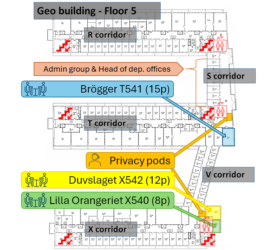 Map of meeting rooms in Geobuilding floor 5.