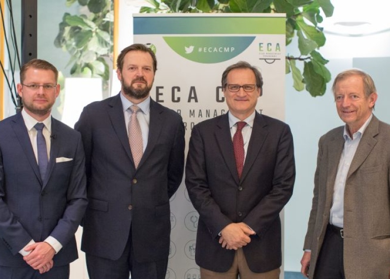 Pictured at the opening CMP event at Juventus F. C., Turin (left to right): Olivier Jarosz, ECA CMP Director; Ian Richardson, Director of Executive Education SBS; Michele Centenaro, ECA General Secretary; and Emeritus Professor Sten Söderman,