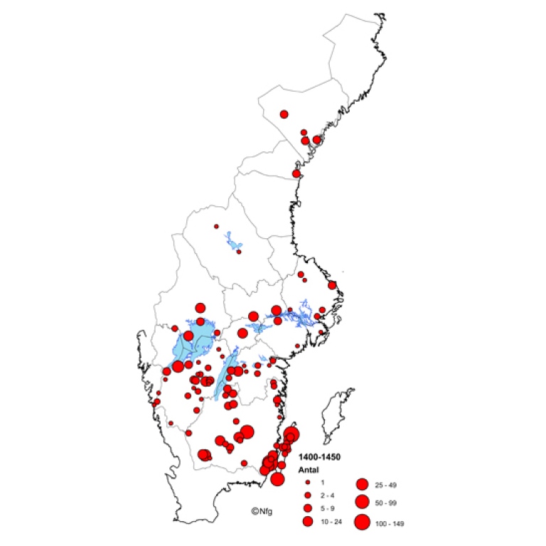 Karta som visar kyrkor med myntfynd från perioden 1400-1450