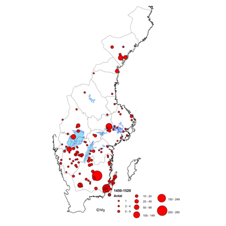 Karta som visar kyrkor med myntfynd från perioden 1450-1520
