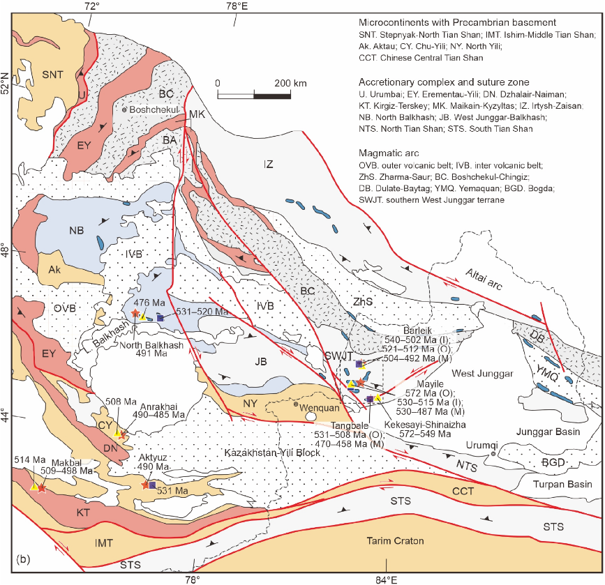 Tectonic map of the southern Altaids showing major tectonic units and the oldest ages of ophiolitic mélanges, igneous rocks, and subduction-related metamorphic complexes.