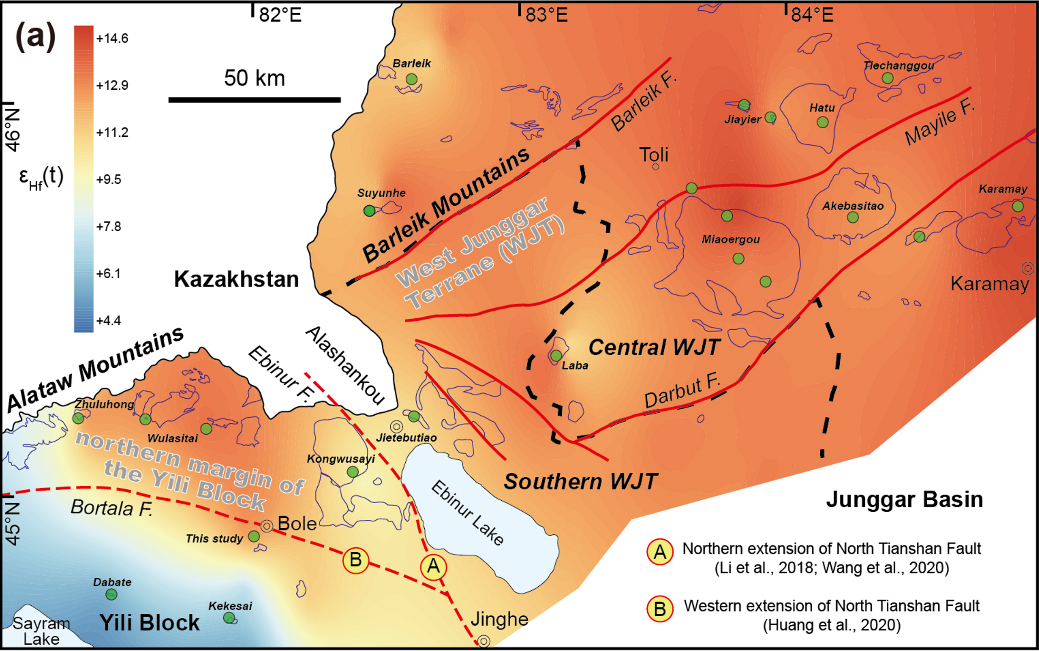 Zircon contour map showing εHf(t) values for Late Carboniferous to Early Permian igneous rocks from the northern margin of the Yili Block and the West Junggar Terrane.
