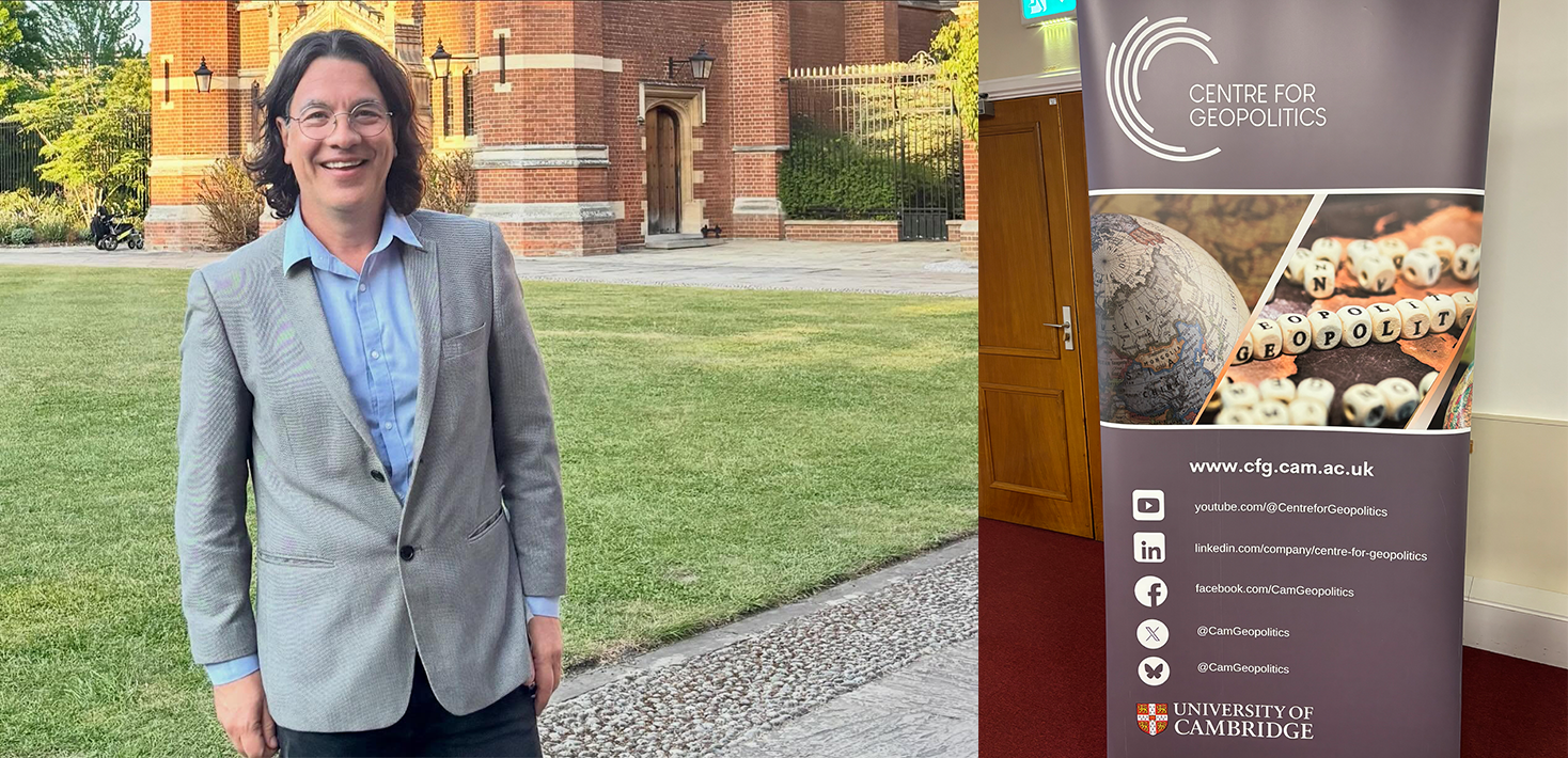 Andres Rivarola vid Cambridge University i backgrunden samt en RollUp om evenemanget