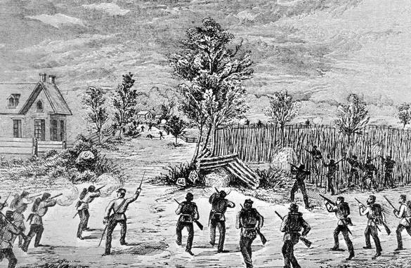 The Battle of Eccles Hill. This illustration features men of the 50th volunteer battalion in battle against members of the Fenian Brotherhood.