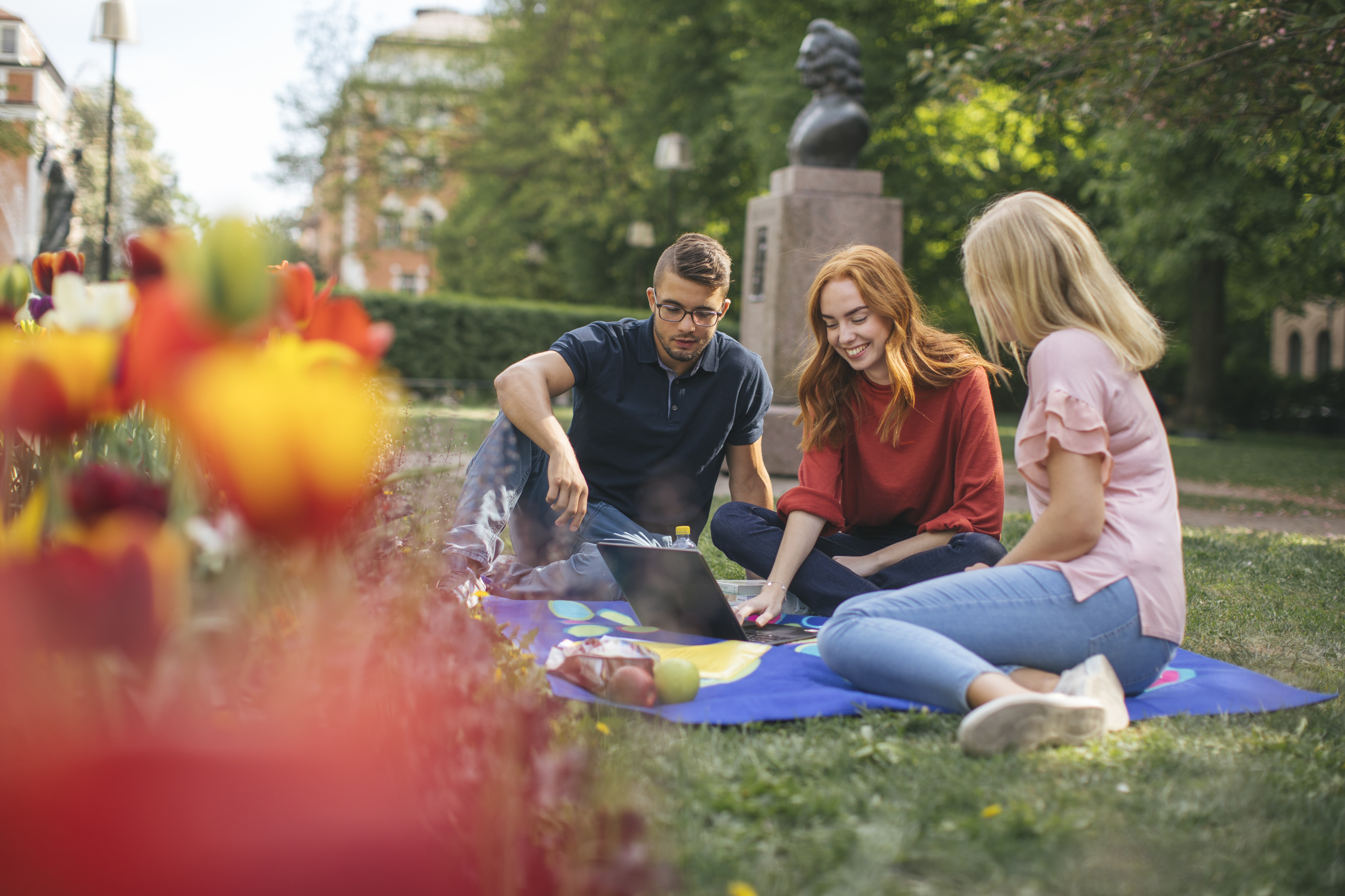A group of people sitting on a blanket in a park.