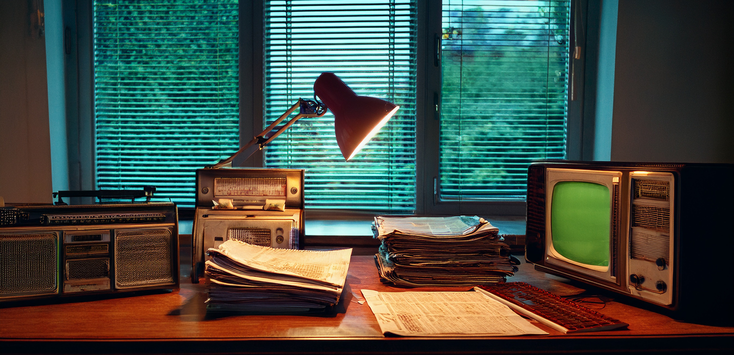 Skrivbordslampa lyser mot skrivbord med tidningar, tv-apparat och radioapparat