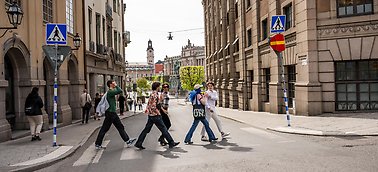 Students crossing a street in Stockholm