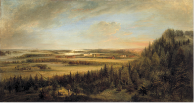Målning från 1795 som föreställer ett jordbruk och gård på håll.
