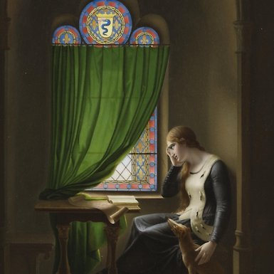 Målning av kvinna som sitter vid ett fönster. Tavlan är från 1802.