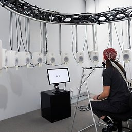 Person sitter med elektroder på huvudet och tittar på en datorskärm omgiven av 13 högtalare.