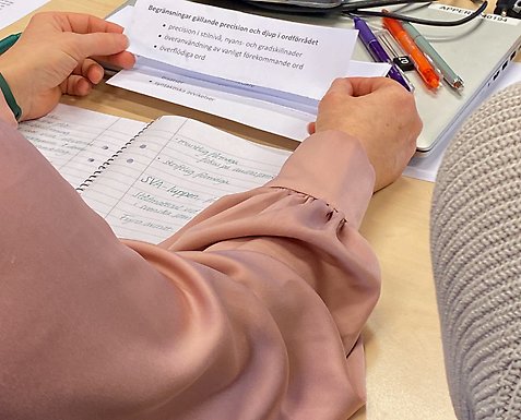 Lärare jobbar tillsammans. Håller i en lapp med grammatiska begrepp.