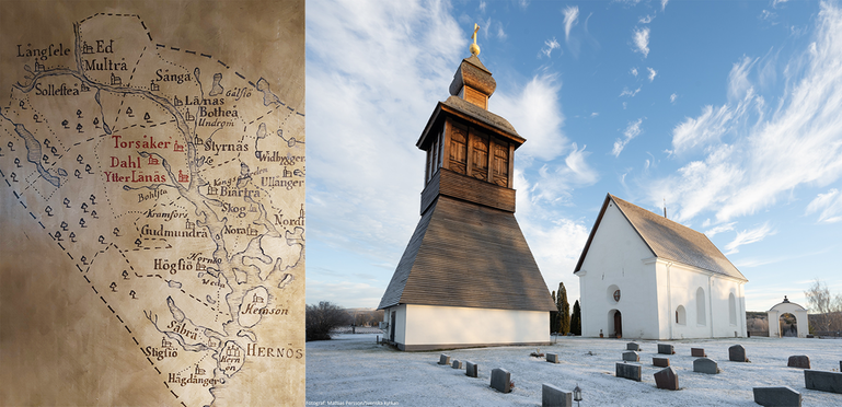 Karta över bygd i Ångermanland och Torsåkers kyrka.