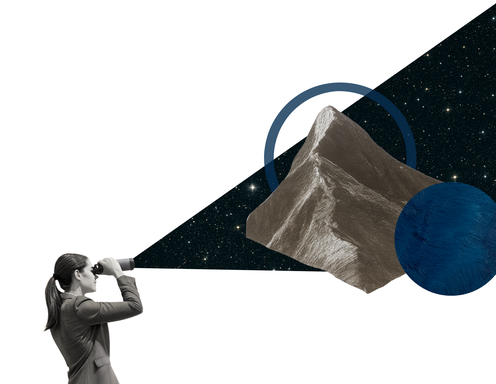 Illustration: a women looking through binoculars, seeing space and the form of a mountain.